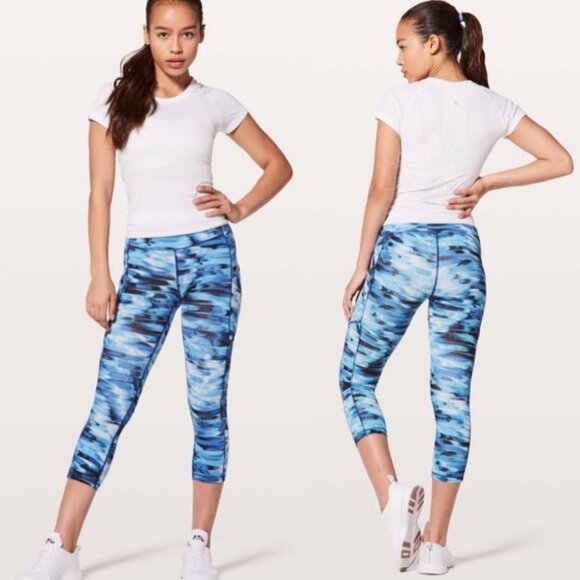 Lululemon Speed Up Crop Tidal Blue Print Run Tights Size 6 Luxtreme Running Pant - Picture 1 of 12
